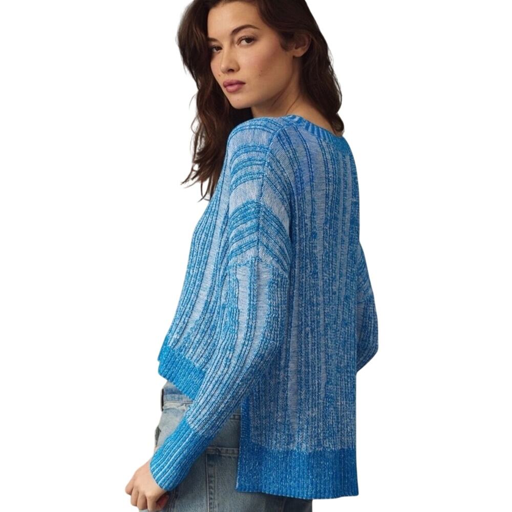 Pilcro Anthropologie Textured Ribbed High Low Long Sleeve Blue Sweater Sz Med